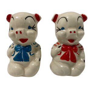 Vintage Pig Salt & Pepper Shakers Set Blue & Red Bow Ceramic Collectible Kitchen